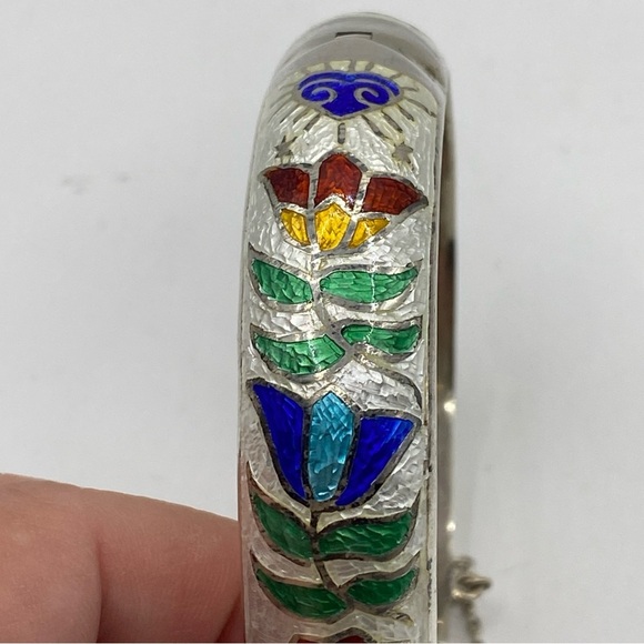 Bracelet Bangle Vintage Siam Enamel Decor Thailand 925 Sterling Silver /7.5”in - Picture 9 of 12